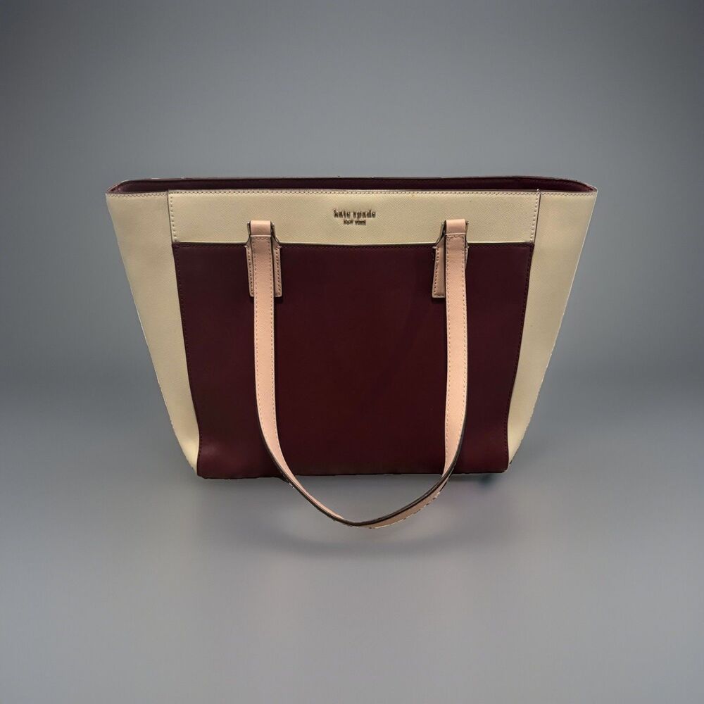 Kate Spade New York Leather Cameron Laptop Tote 2 Tone Cherrywood-Cream ~ No Tag